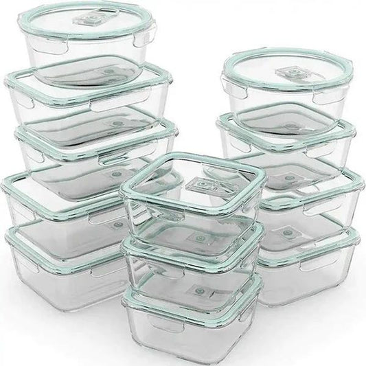 24 Pc Food Glass Food Storage Set - Freezer to Oven Safe BPA Free Containers, Stackable Bento Boxes with Steam Release (12 Lids & 12 Containers)