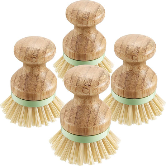 4 Pieces Bamboo Dish Brush with Holders Bamboo round Mini Scrub Stiff Bristles Pot Brushes for Wash Dishes, Pots, Pans, Vegetables, Kitchen Sink, Bathroom(Classic Style,Green)