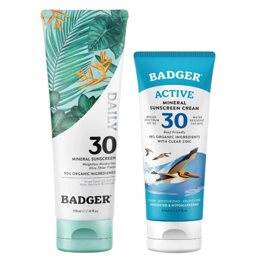 Badger SPF 30 Sunscreen Bundle - SPF 30 Active Mineral Sunscreen, SPF 30 Daily Mineral Sunscreen, Reef-Friendly Sunscreen with Zinc Oxide