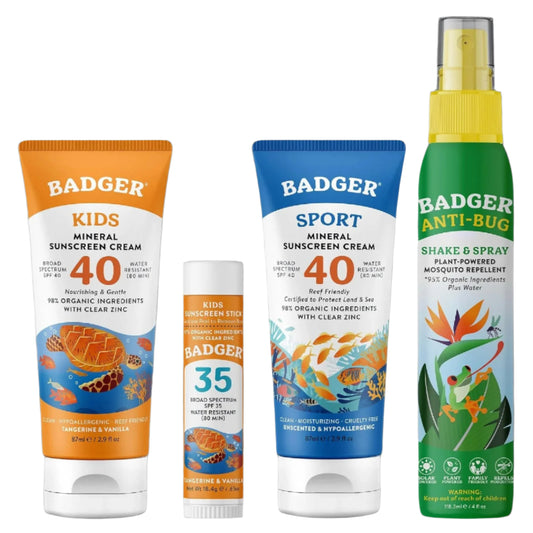 Badger Kids Sun & Bug Bundle - SPF 40 Kids Sunscreen, SPF 40 Sport Mineral Sunscreen, SPF 35 Kids Sunscreen Stick, Bug Spray, Reef-Friendly Sunscreen with Zinc Oxide and Deet-Free Insect Repellent