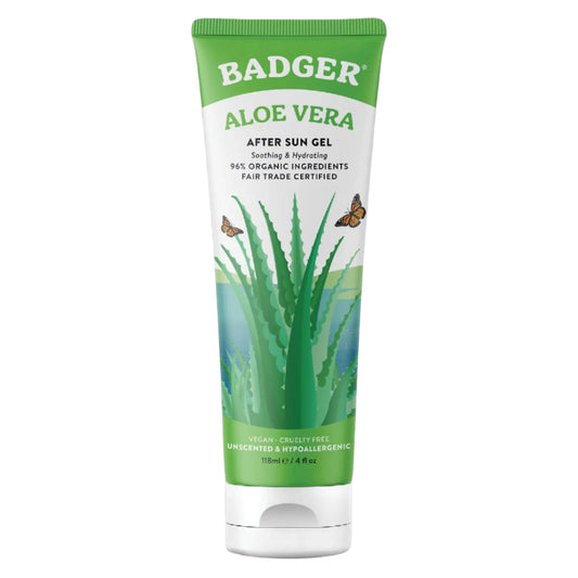 Badger Aloe Vera Gel for Sunburn Relief, Fair Trade & Organic after Sun Care, Pure Cooling Soothing Aloe Vera Gel for Face & Skin, Hypoallergenic & Unscented, 4 Fl Oz