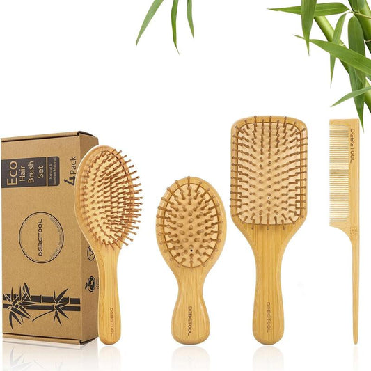 Hair Brush and Comb Set for Women Men and Kids, Natural Bamboo Wood Wide-Tooth Brush and Tail Comb Hairbrush Haircare Lightweight Daily