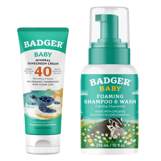 Badger Baby Sunscreen and Baby Wash Bundle - SPF 40 Baby Mineral Sunscreen Cream, Baby Wash Calming Chamomile - Reef-Safe Water-Resistant Sunscreen with Zinc Oxide and Gentle for Newborn or Toddler